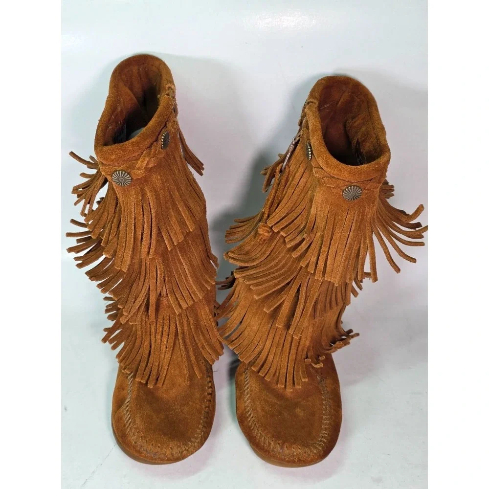 Minnetonka Three Layer Fringe Boots Girls Size 1 Brown Suede Mid Calf Western